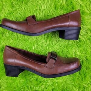 Vintage 90s y2k Brown Leather Block Heel Loafers, 7.5